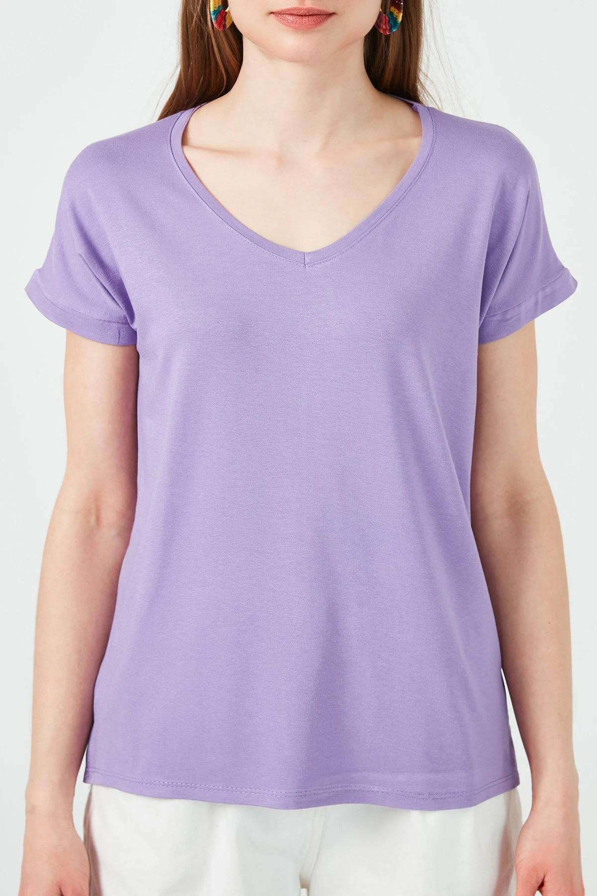 LELA V Neck- T-Shirt Basic - Lilac - Afbeelding 4